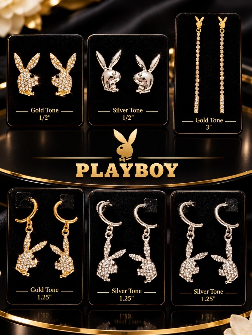 Playboy Bunny Earrings (Set Of 6) In Gold & Silver Tones With Rhinestones